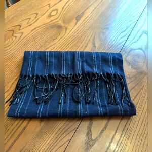 Cashmink Mantles Scarf. Navy Blue , light blue and tan. Fringed. Like new.